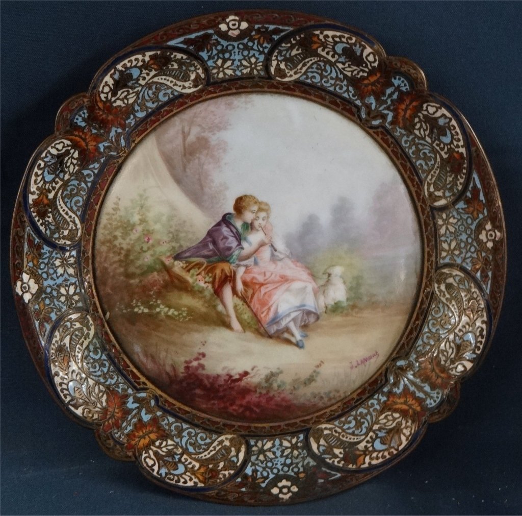 CHAMPLEVE & HAND PAINTED PORCELAIN CARD TRAY: SGND J. LAMOINT (8" DIAM.)