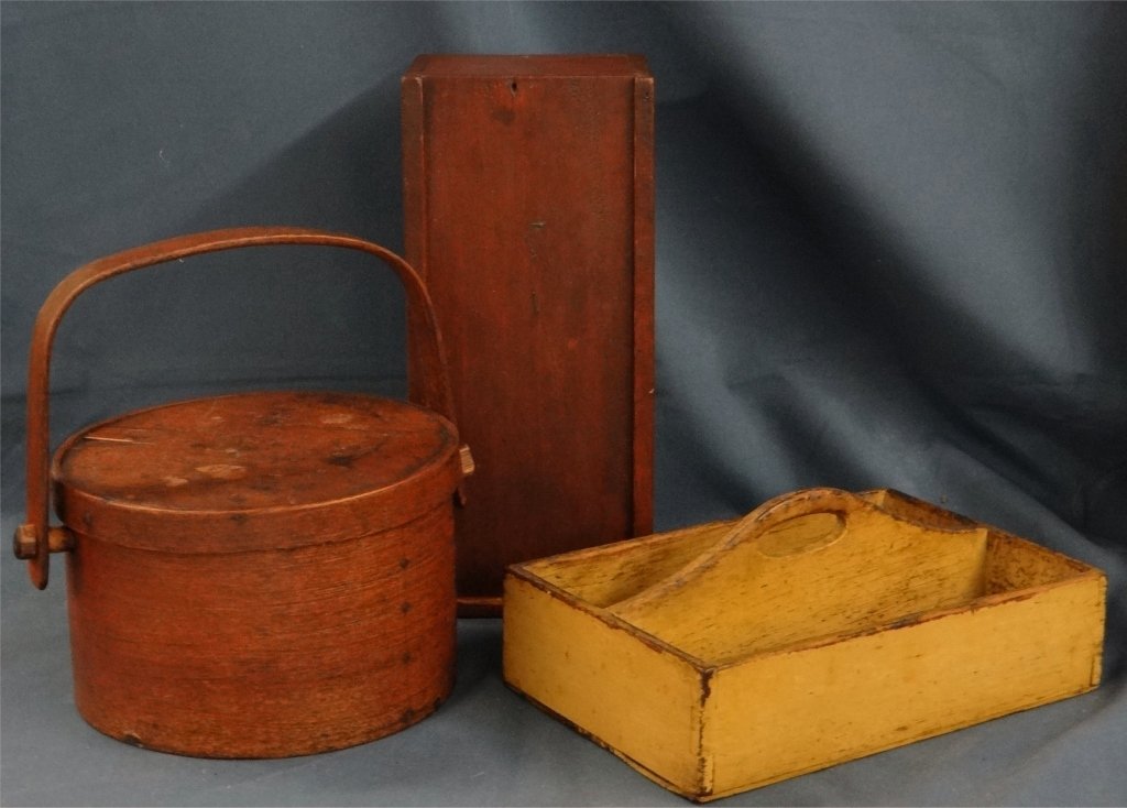 19THC. COUNTRY INC. RED CANDLE BOX, PANTRY BOX &: YELLOW CARRIER