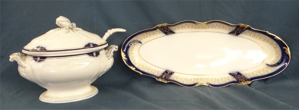 LIMOGES SALMON PLATTER & IRONSTONE TURREEN & LADLE: LIMOGES SALMON PLATTER & IRONSTONE TURREEN & LADLE