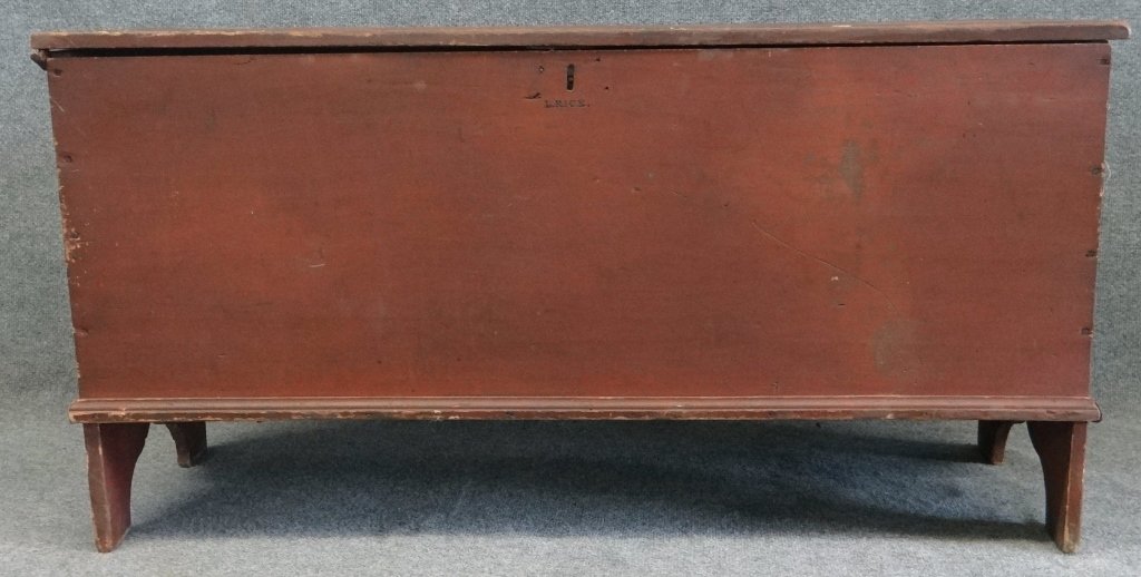 RED PAINTED BLANKET CHEST WITH BOOT JACK ENDS: (HINGES RESET)