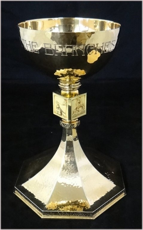 STERL SILVER CHALICE W/ JEWELED CROSS IN GOLD WASH: ENGRAVED "I AM THE VINE YOU ARE THE BRANCHES" PRESENTED 1959 MADE BY GILLES BEAUGRAND INC.ORFEVRES, CANADA 8 1/2" TALL APPROX. 38.6 TROY OZ. WITH ORIG. CASE