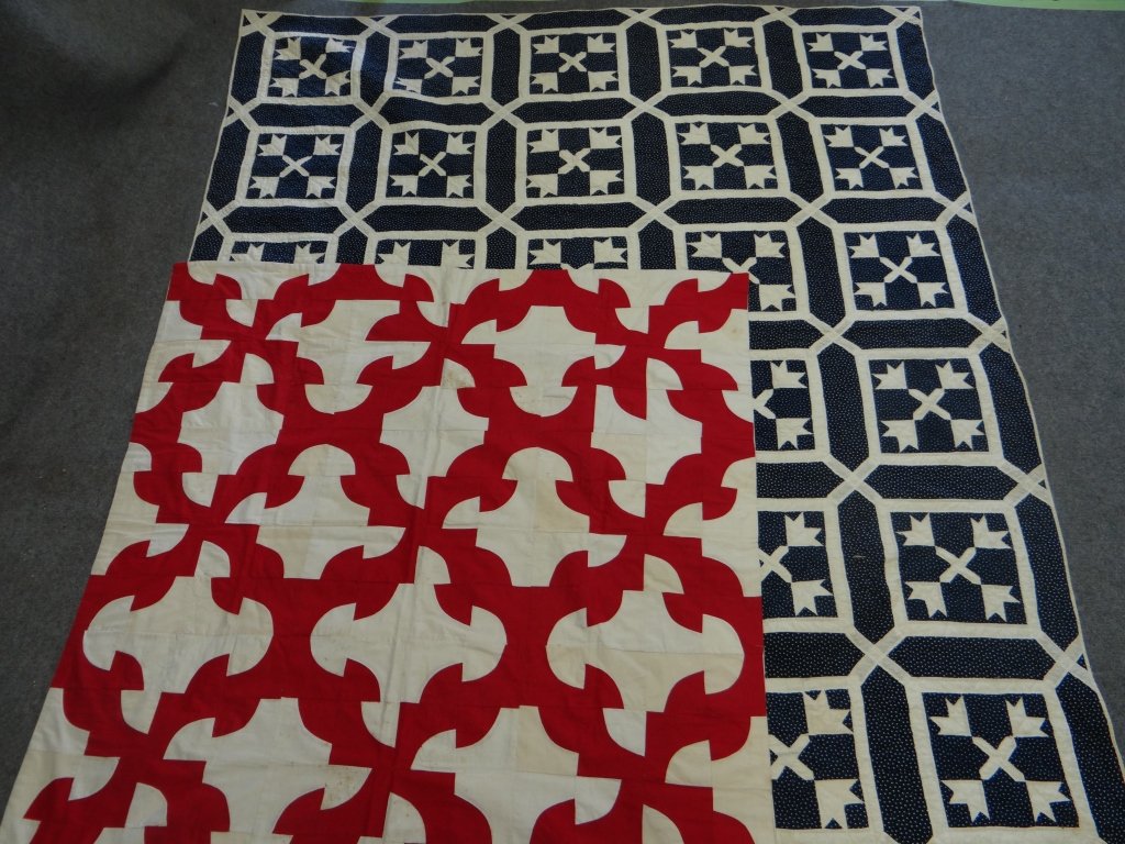 2 HAND STITCHED QUILTS: INDIGO & WHITE FROM HURLEY, NY 74" X 89" AND RED & WHITE CRIB QUILT 53" X 53 1/2"