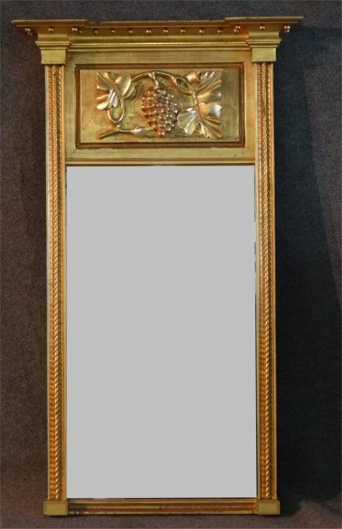 FEDERAL BOSTON LOOKING GLASS W/CARVED TABLET: IN ORIGINAL GILDING 53" TALL X 31" WIDE AT THE CORNICE