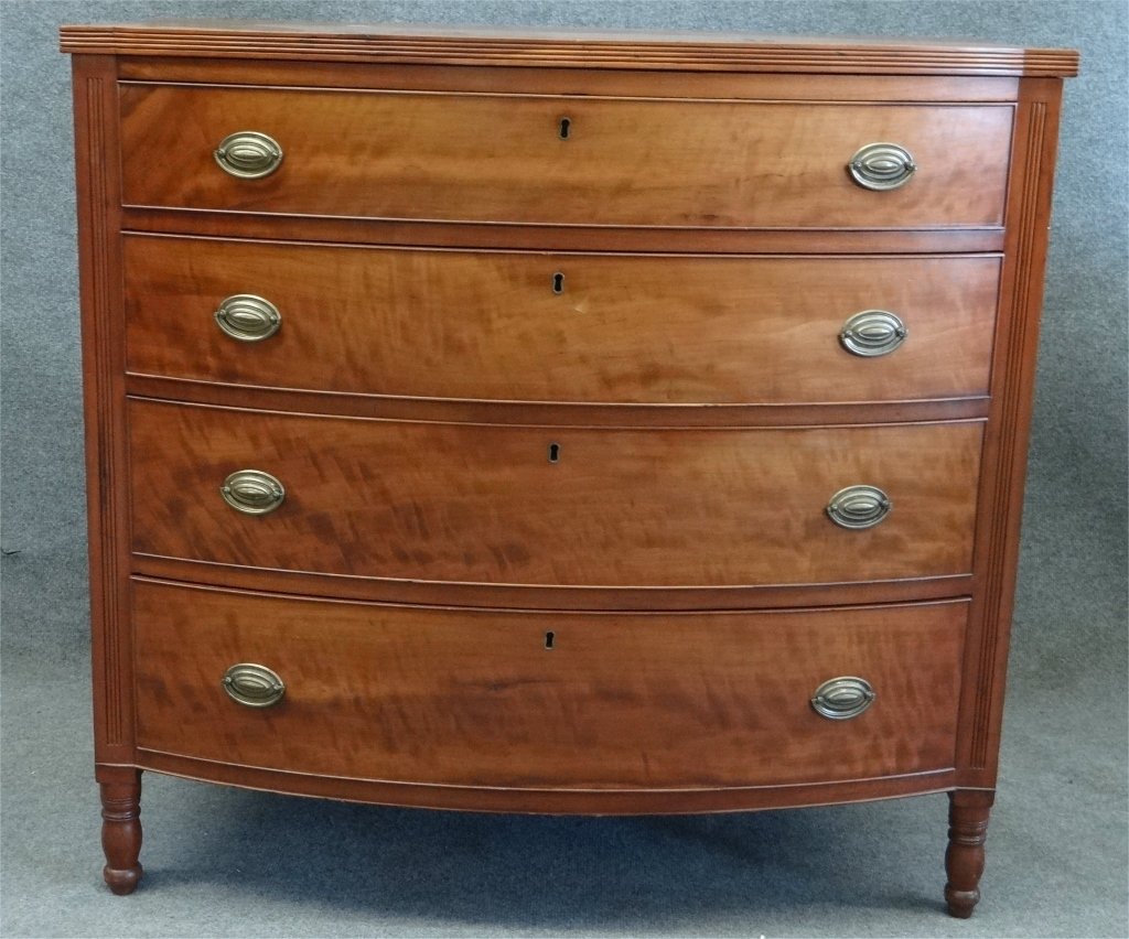 NH SHERATON BOW FRONT CHERRY CHEST C.1820 42" WI: NH SHERATON BOW FRONT CHERRY CHEST C.1820 42" WI