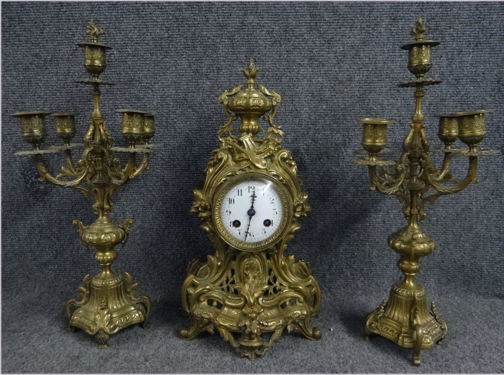 3 PC. FRENCH CLOCK SET JAPPY FRERES: W/ CANDELABRA GARNITURES