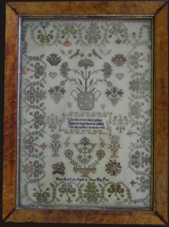 1839 SAMPLER BY MARYANN LEE FIGURED MAPLE FRAME: 18 1/2" X 12 1/2"