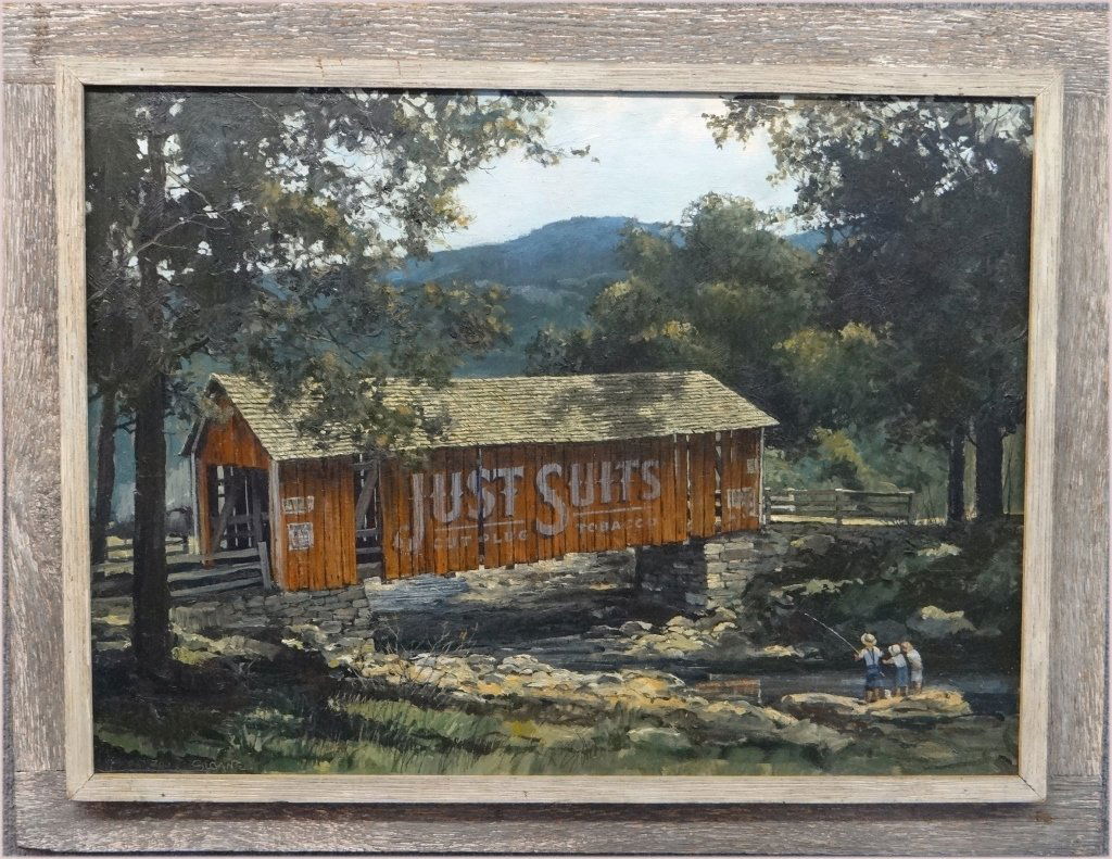 O/MASONITE PANEL BY ERIC SLOANE NEW MILFORD CT: O/MASONITE PANEL BY ERIC SLOANE NEW MILFORD CT COVERED BRIDGE 23" X 32"