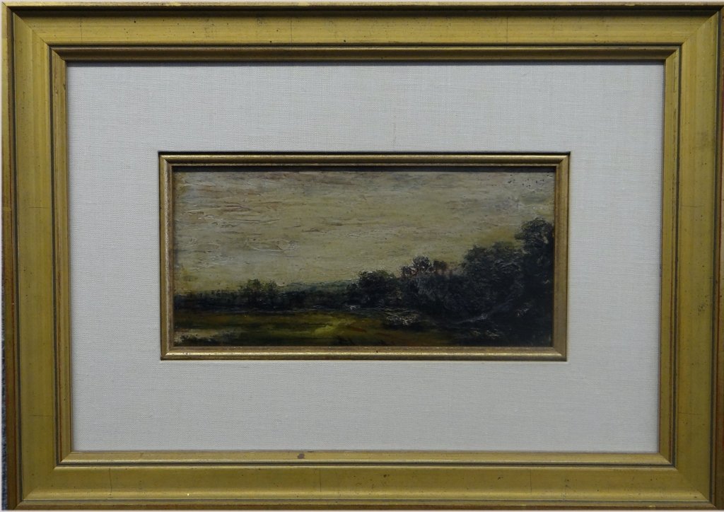 O/PANEL RALPH ALBERT BLAKELOCK LANDSCAPE: O/WOODEN PANEL RALPH ALBERT BLAKELOCK LANDSCAPE CATAGORY 1 NEBRASKA INVENTORY # 1479 LABEL IN VERSO SGND A1 (ALBERT THE 1ST) NOTATED IN VERSO ASYLUM 1915 PROVENANCE -ARTIST- MRS. RALPH BLAKELOCK, ALLE