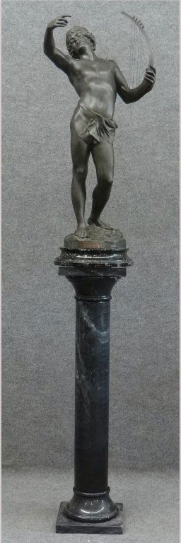 "DAVID devant SAUL" SPELTER STATUE SGND G.BAREAU: "DAVID devant SAUL" SPELTER STATUE SGND G.BAREAU SALON 1893 WITH BLACK MARBLE PEDESTAL STATUE 38" TALL (78" TALL OVERAL)