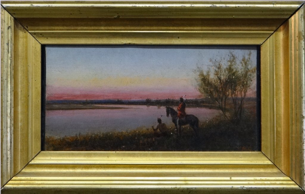 O/C "INDIANS AT SUNRISE" SIGNED W.M.C: O/C "INDIANS AT SUNRISE" SIGNED W.M.C (WILLIAM DELA MONTAGNE CARY ) 5 1/4" X 9 3/4"