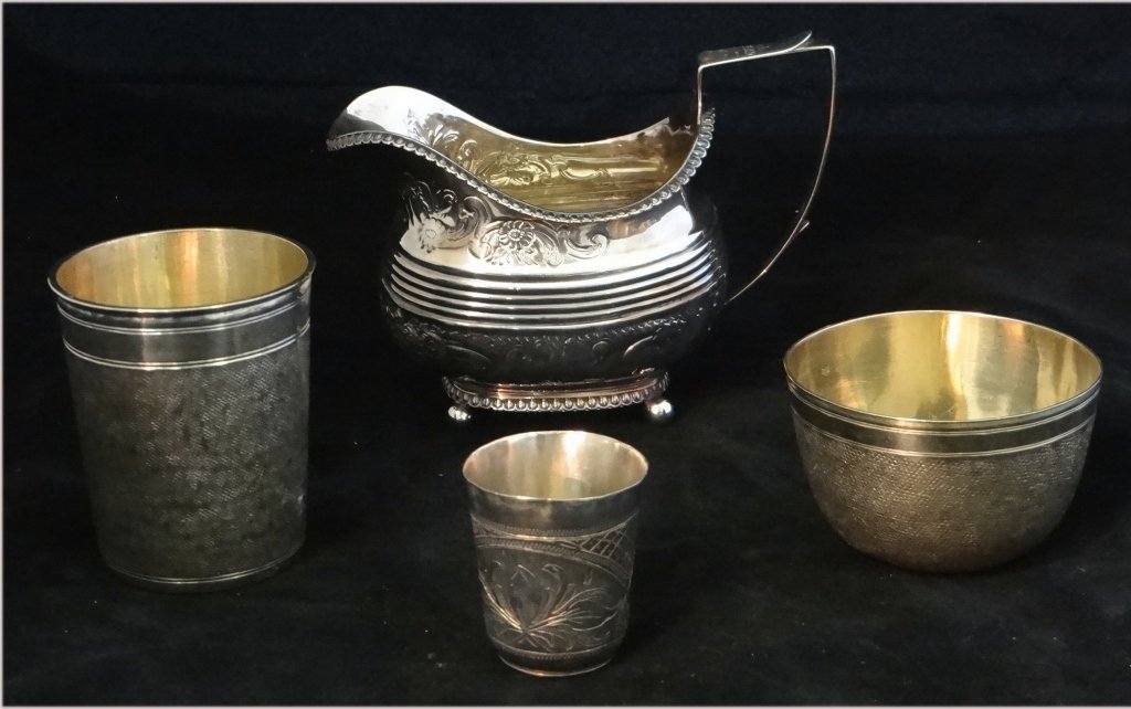 GEO III STERLING CREAM POT & 3 STERL BEAKERS: GEO III STERLING CREAM POT & 3 STERL BEAKERS APPROX 10.3 TROY OZ