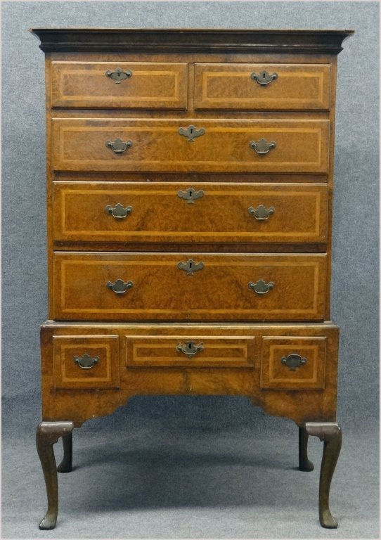 EARLY 19THC. BURL VENEERED HIGHBOY: EARLY 19THC. BURL VENEERED HIGHBOY ENGLISH 62" TALL X 36" WIDE