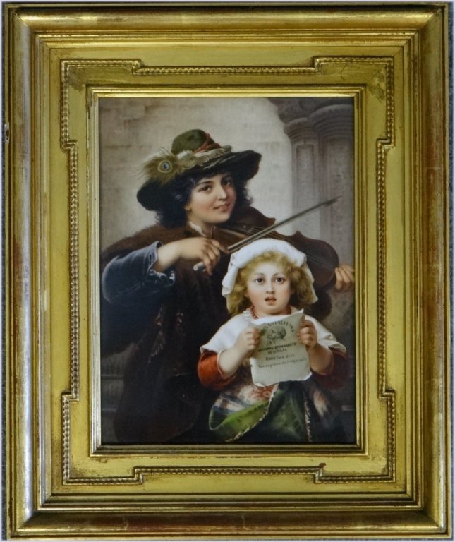 KPM IMPRESSED MARK PORCELAIN PLAQUE 9 3/4" X 7 3/8: VIOLINIST & CHILD 9 3/4" X 7" SIGHT SIZE