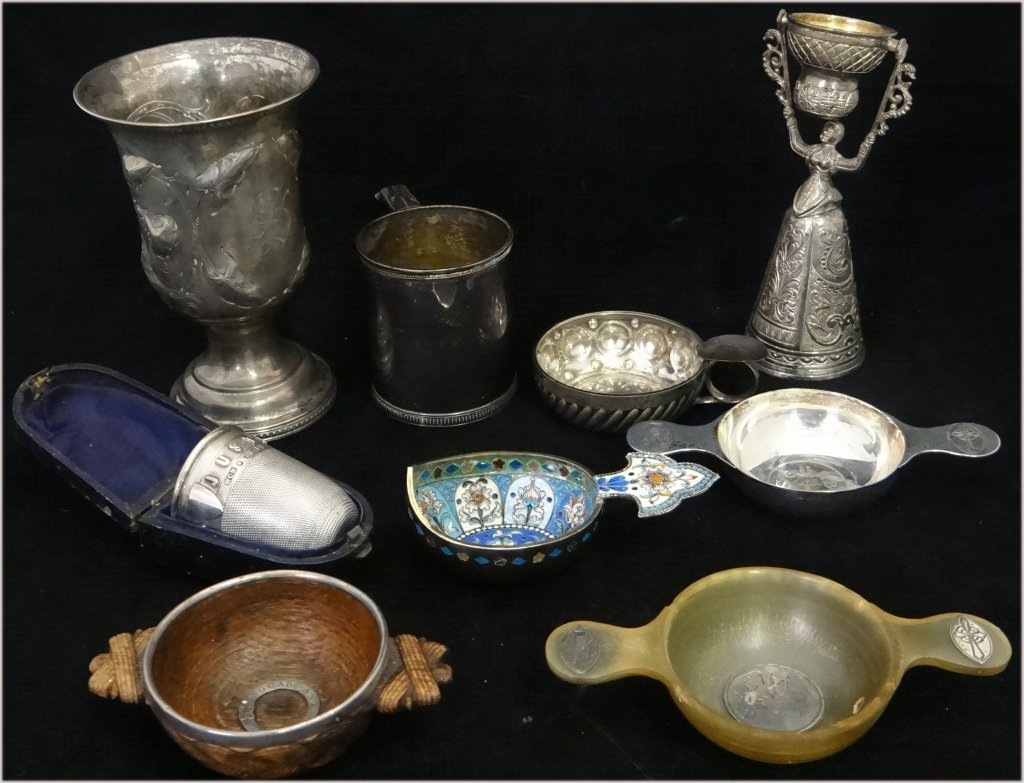 SILVER INC: FIGURAL WEDDING CUP,WINE TASTERS,: THIMBLE, JIGGER, RUSSIAN ENAMEL COIN GOBLET, ETC. STERLIN:G: APPROX. 14.9 TROY