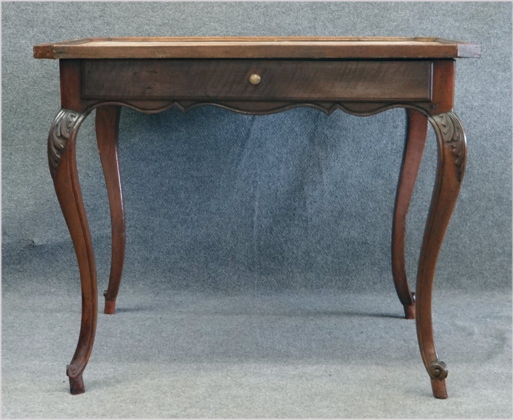 FRENCH 18THC. GAME TABLE W/ TRAY TOP IN VELVET: CARVED KNEES & ONE DRAWER 29 3/4" TALL X 36" WIDE X 29" DEEP