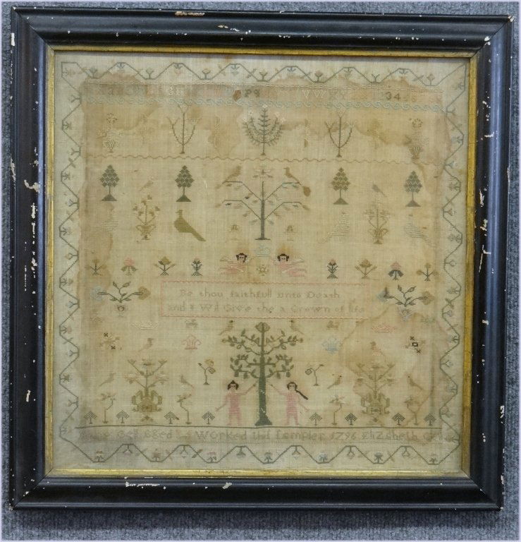 ADAM & EVE SAMPLER DATED 1796 (16" X 16"): ADAM & EVE SAMPLER DATED 1796 (16" X 16")