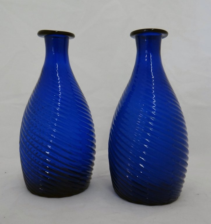 PAIR OF EARLY COBALT BLUE HAND BLOWN SWIRL BOTTLES: 6" TALL