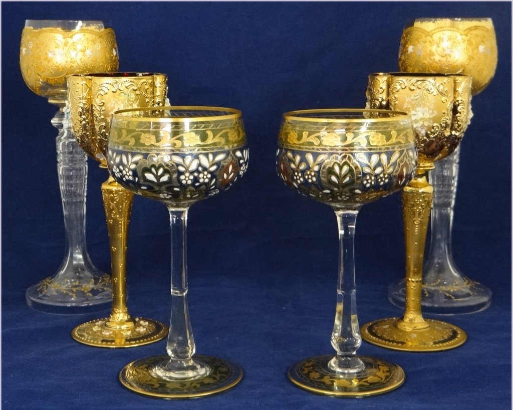 3 PR OF ENAMEL & GILDED GLASS GOBLETS: 1 PAIR W/ RAISED FLOWER DECORATION TALLEST 8 1/2" THE FRONT PAIR ARE FRITZ HECKERT FROM THE JODHPUR SERIES.