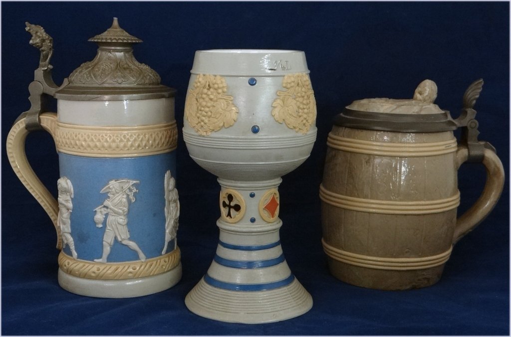 3 PCS VILLROY & BOCH EARTHENWARE: 2 STEINS & 1 GOBLET