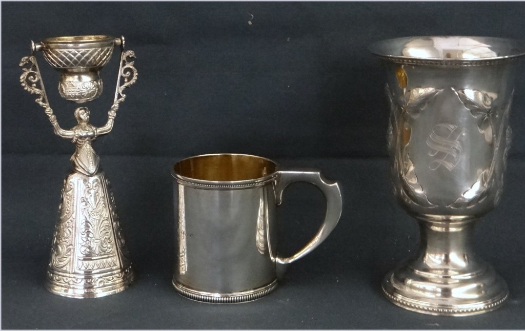 SILVER COIN GOBLET & TIFFANY STERLING CHILDS MUG: & .925 FIGURAL TOASTING CUP APPROX. 13.9 TROY OZ