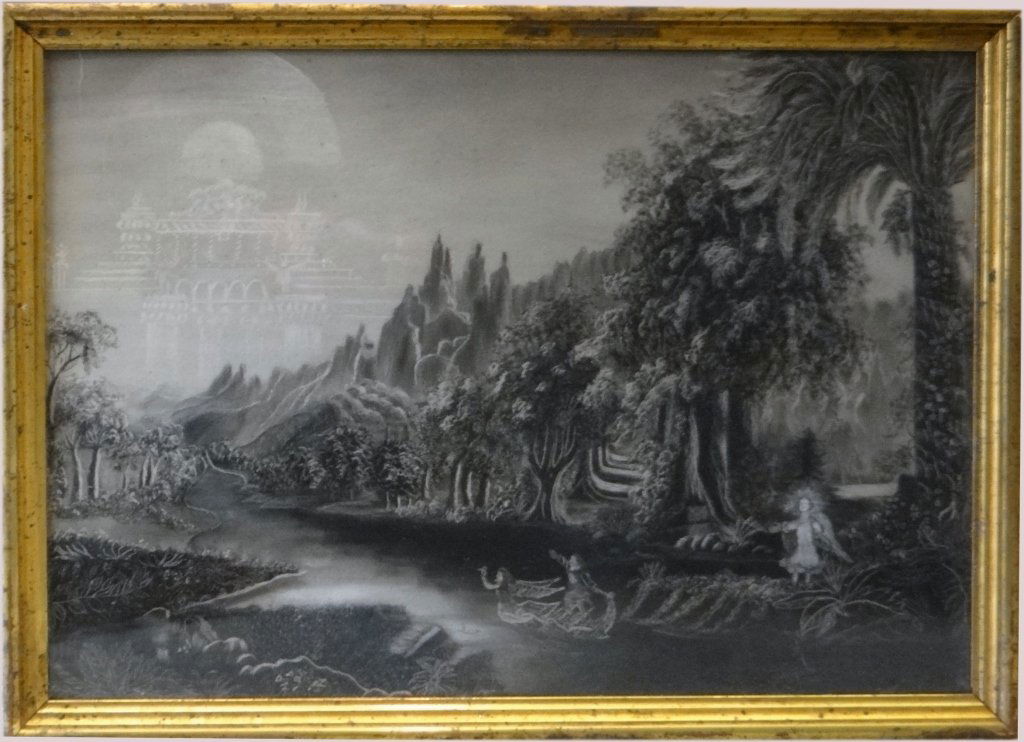 "VOYAGE OF LIFE" SANDPAPER PTG, AFTER THOMAS COLE: CHARCOAL & CHALK 16" X 22 1/2"