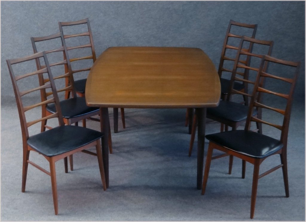 MAURICE VELLENCY DANISH MODERN DINING SET: TABLE , 6 CHAIRS & TEA CART 63" LONG W/O LEAVES X 38" WIDE X 96" LONG