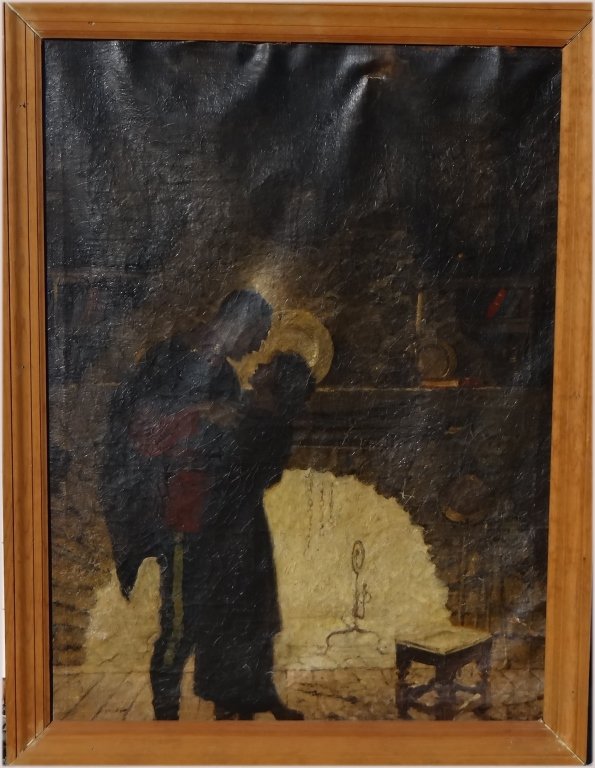 O/C ILLUSTRATION ATTRIB. TO DEAN CORNWALL: MONTIE & GIRL IN EMBRACE BY THE FIRE" 35 1/2" X 27