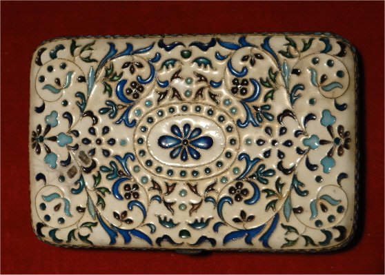 RUSSIAN ENAMEL CASE 84 SILV STANDARD MARK: MAKERS INITIALS G.K. 4 1/4" X 2 3/4" X 7/8" DEEP