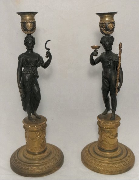 FIRE GILDED PATINATED BRONZE FIGURAL CANDLESTICKS: C. 1820, IN THE MANNER OF THOMAS HOPE 12" TALL