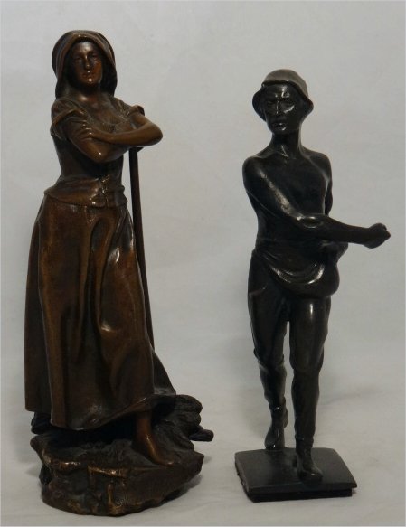 2 BRONZES: WOMAN "GLANEUSE" BY H.GODET #2251: SALON DES BEAUX ARTS, L.V. DEPOSE FOUNDRIES, PARIS 9 3/4" TALL & MAN SGND H. FLAND