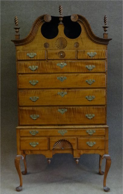 18THC. TIGER MAPLE BONNET TOP HIGHBOY: MA ORIGIN, PROVENANCE BERNARD PLOMP, VILLAGE GREEN ANTIQUES