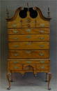 18THC. TIGER MAPLE BONNET TOP HIGHBOY