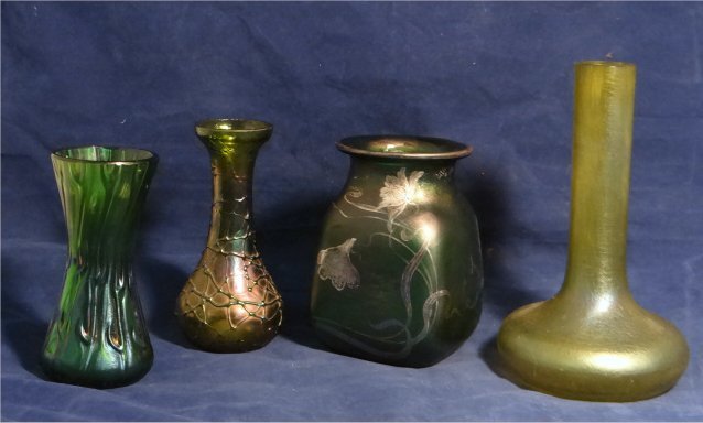 4 PCS LOETZ ART GLASS, 1 SGND & 1 W/ SILVER: OVERLAY LARGEST 7 1/4" TALL