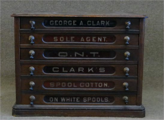 6 DRAWER SPOOL CABINET FOR CLARKS SPOOL COTTON: 28 3/4" W X 18 3/4" DEEP X 22 3/4" TALL