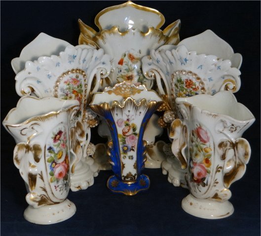 6 OLD PARIS PORCELAIN FAN VASES TALLEST 12 1/8" T: 6 OLD PARIS PORCELAIN FAN VASES TALLEST 12 1/8" T