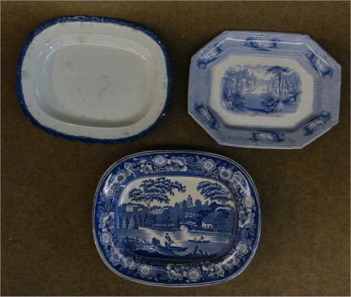 3 EARLY PLATTERS:BLUE TRANSFERWARE W/CRACK,: LEEDSWARE W/ HISTORY (FLAKE) & IRONSTONE W/ SIAM PATTERN