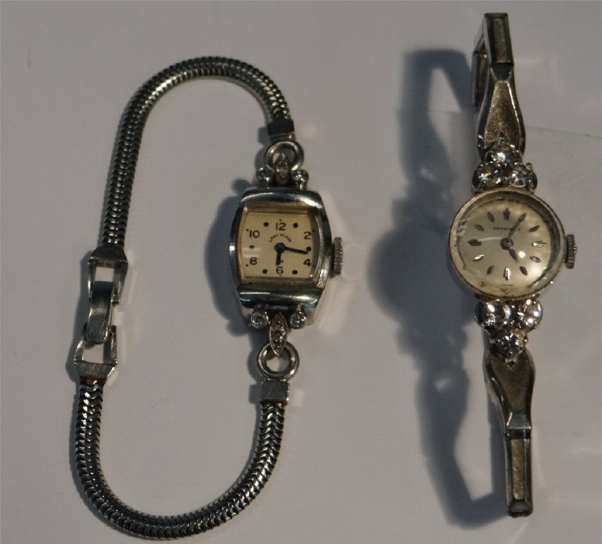 2 14K & DIAMOND WRIST WATCHES: 1 14K LONGINES, SWISS W/ 10K BAND & 1 LADIES ELGIN, 14K WATCH & BAND