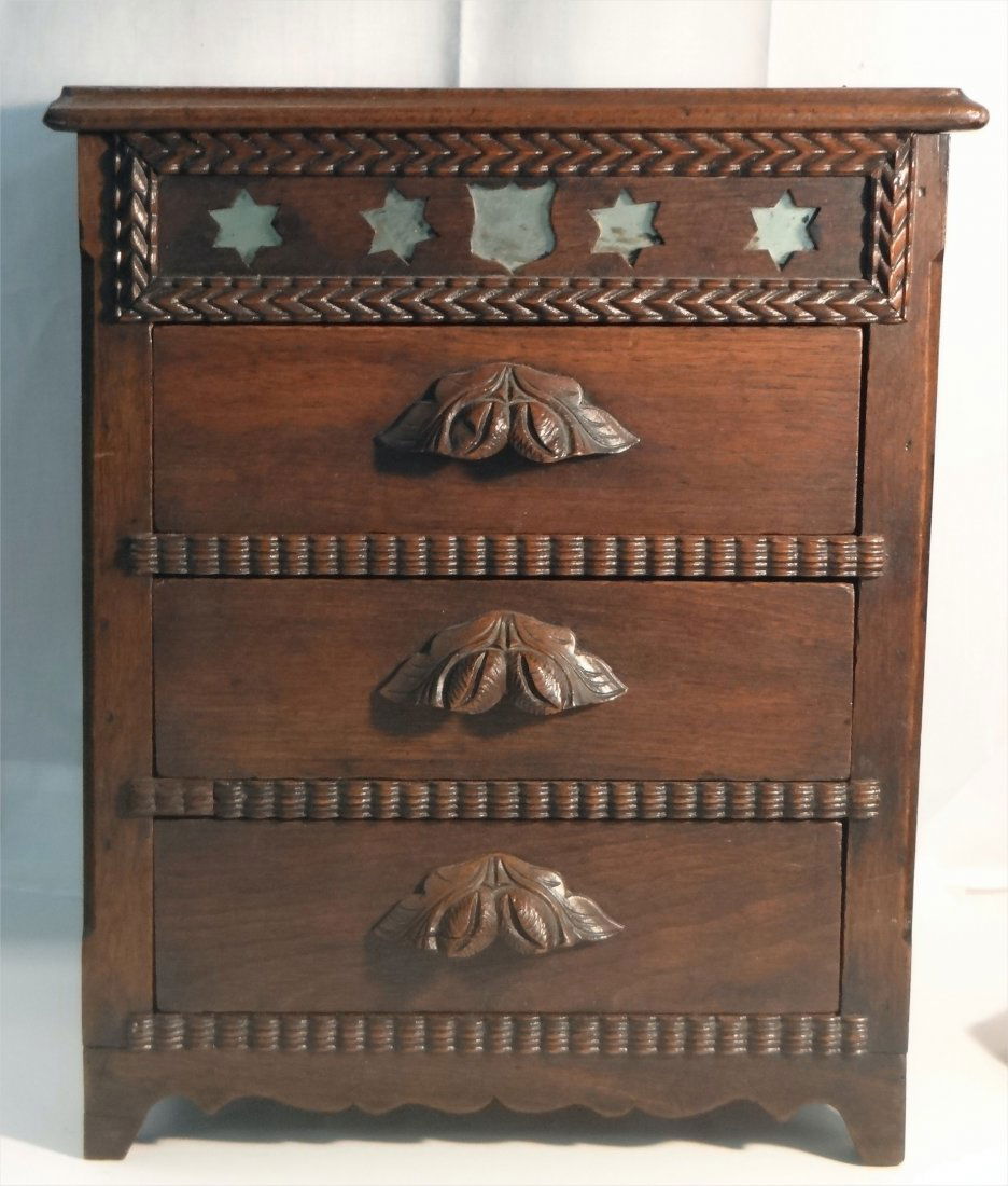 MID 19THC. WALNUT MINIATURE CHEST W/ CARVED PULLS (1 of 3)