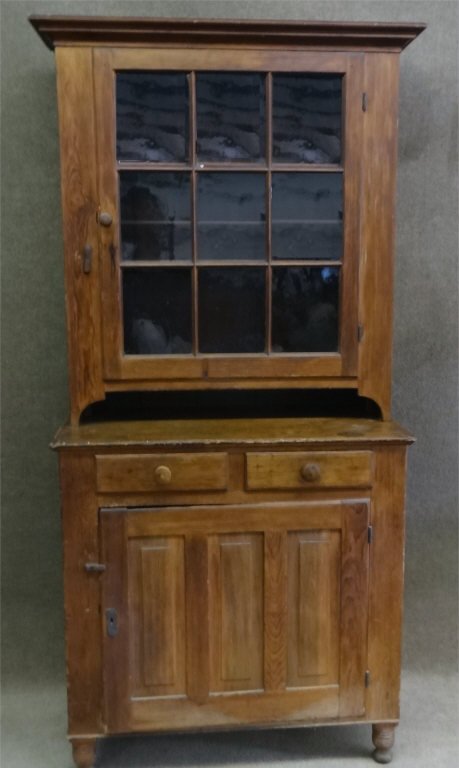 19THC. AMER. STEPBACK CUPBOARD W/GLAZED DOOR TOP (1 of 4)