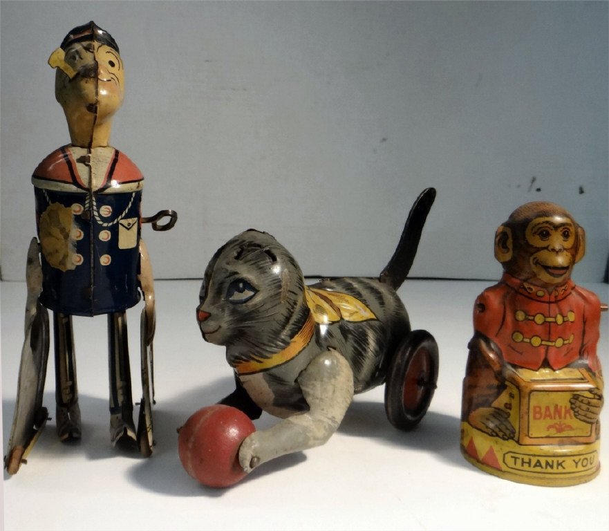 3 LITHO TIN TOYS, POPEYE, CAT & MONKEY BANK (1 of 10)