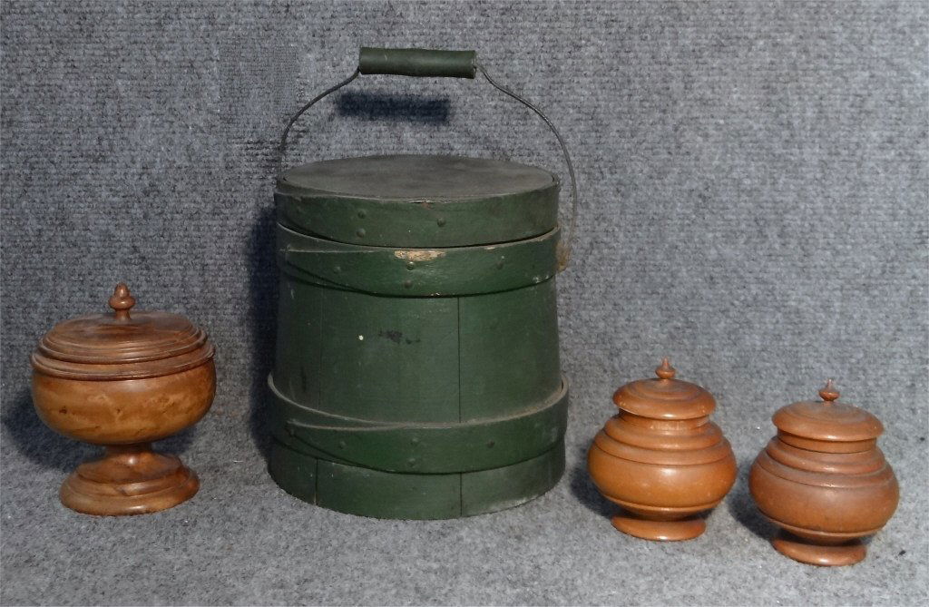 DIMINUTIVE PAINTED FIRKIN & 3 SM. PEESE POTS (1 of 4)