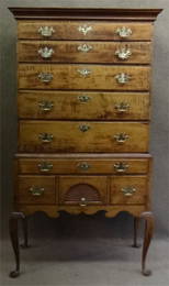 TIGER MAPLE HIGHBOY W/ FAN CARVING & REPLACED BRASSES