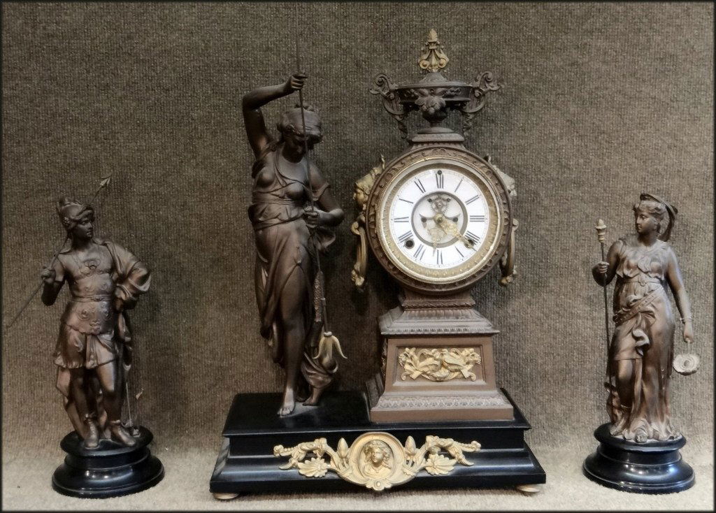 ANSONIA SHELF CLOCK W/ 2 FIGURES 21" TALL (1 of 10)