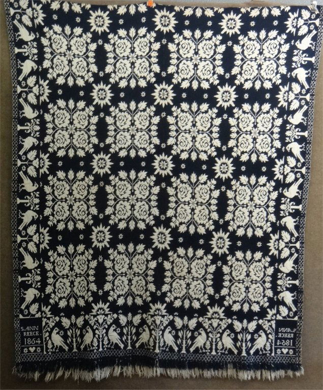 BL & WH 1854 COVERLET W/ RARE HEART CORNER BLOCK (1 of 10)