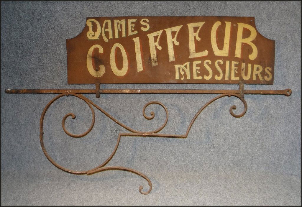 FRENCH TIN  COIFFEUR SIGN ON IRON BRACKET (1 of 5)