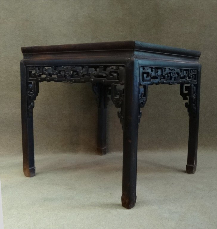 SQUARE CHINESE TEAKWOOD TABLE W/CARVED APRON (1 of 3)