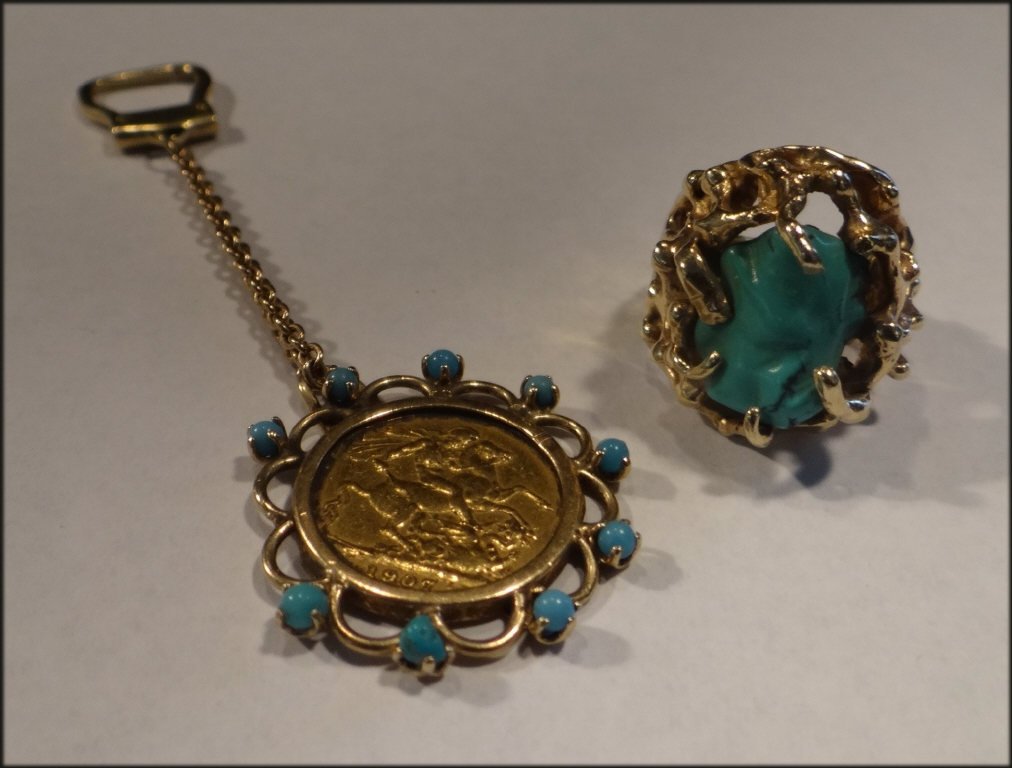 TURQUOISE NUGGET RING & GOLD SOVEREIGN KEY CHAIN (1 of 6)