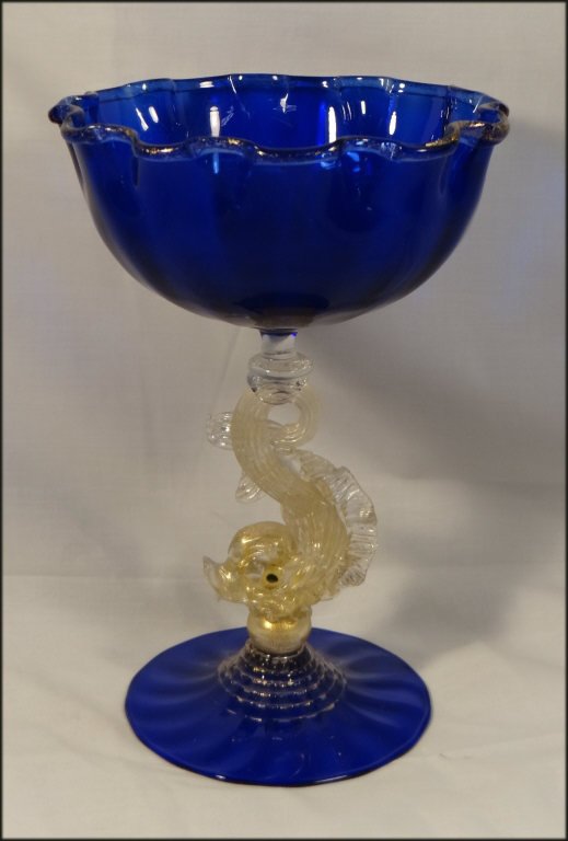 COBALT VENETIAN GLASS DOLPHIN COMPOTE 10" TALL (1 of 2)