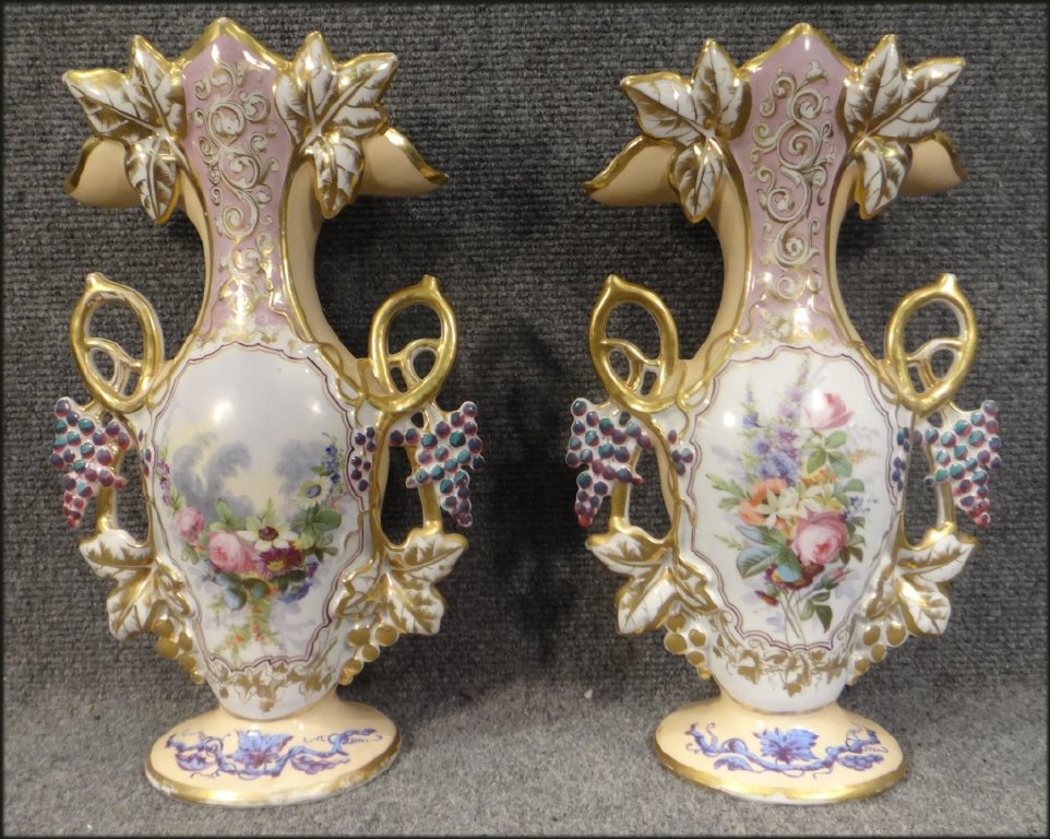 PR OF OLD PARIS PORCELAIN FAN VASES 13" TALL: PR OF OLD PARIS PORCELAIN FAN VASES 13" TALL
