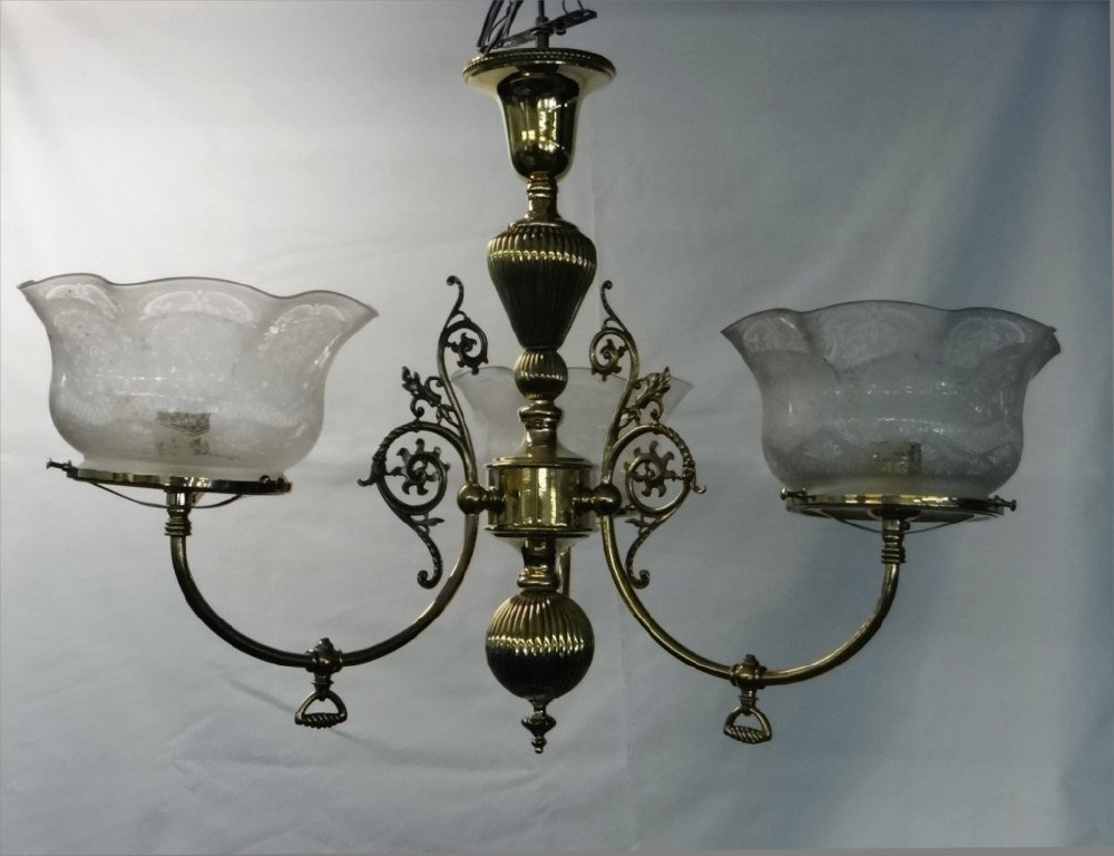 3 LIGHT BRASS  GASOLIER, ELECTRIFIED (1 of 4)